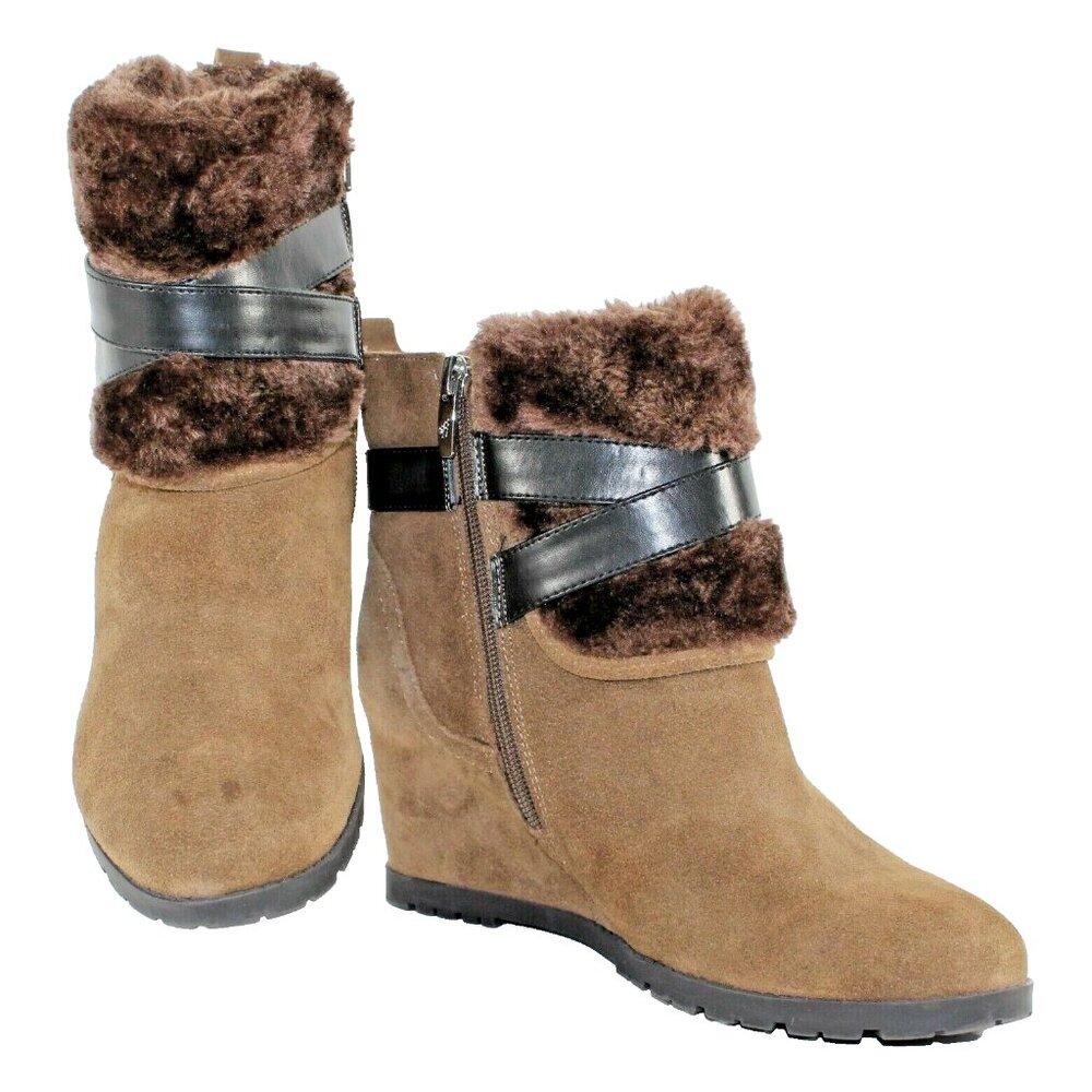 Marc Fisher Sz 7 Brown Suede Wedge Cross Strap Buckle Faux Fur Line Booties 663O